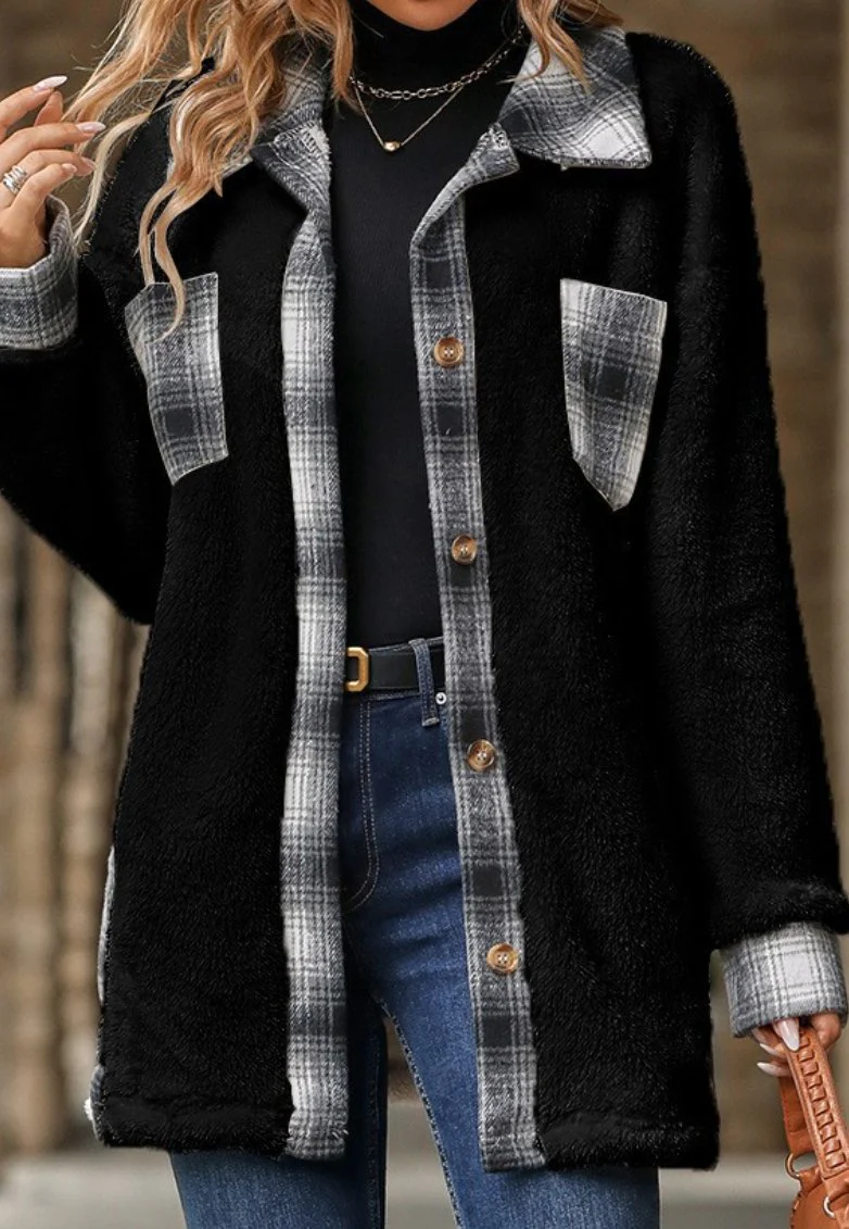 Single-breasted Lapel Plaid Plush Coat