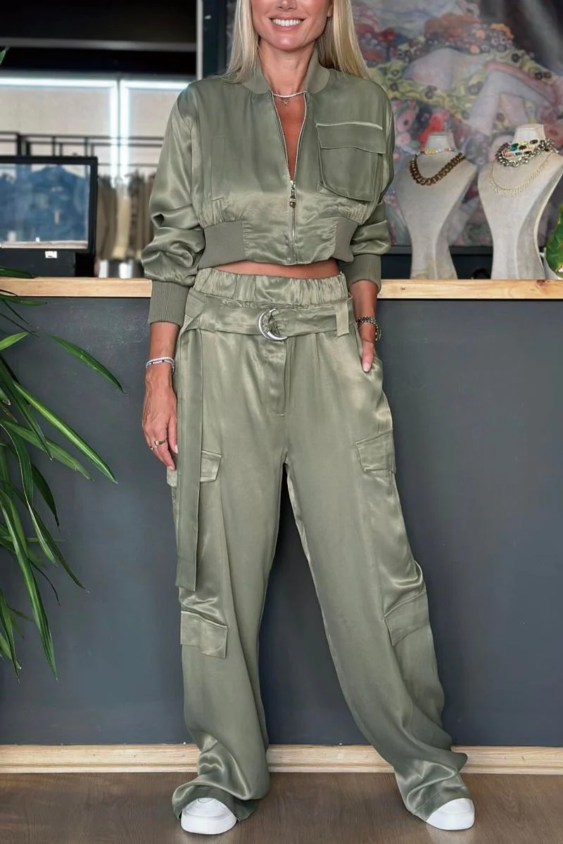 Women's Solid Satin Zipper Detail Jacket Pants Set